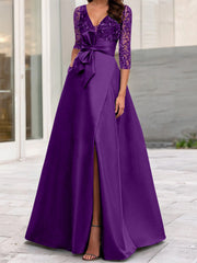 A Line Princess V Neck Floor Length Mother Of The Bride Dresses With Split Side Ruffles Sequins Bow S