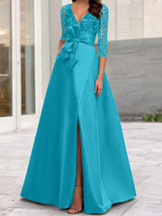 A Line Princess V Neck Floor Length Mother Of The Bride Dresses With Split Side Ruffles Sequins Bow S