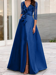A Line Princess V Neck Floor Length Mother Of The Bride Dresses With Split Side Ruffles Sequins Bow S