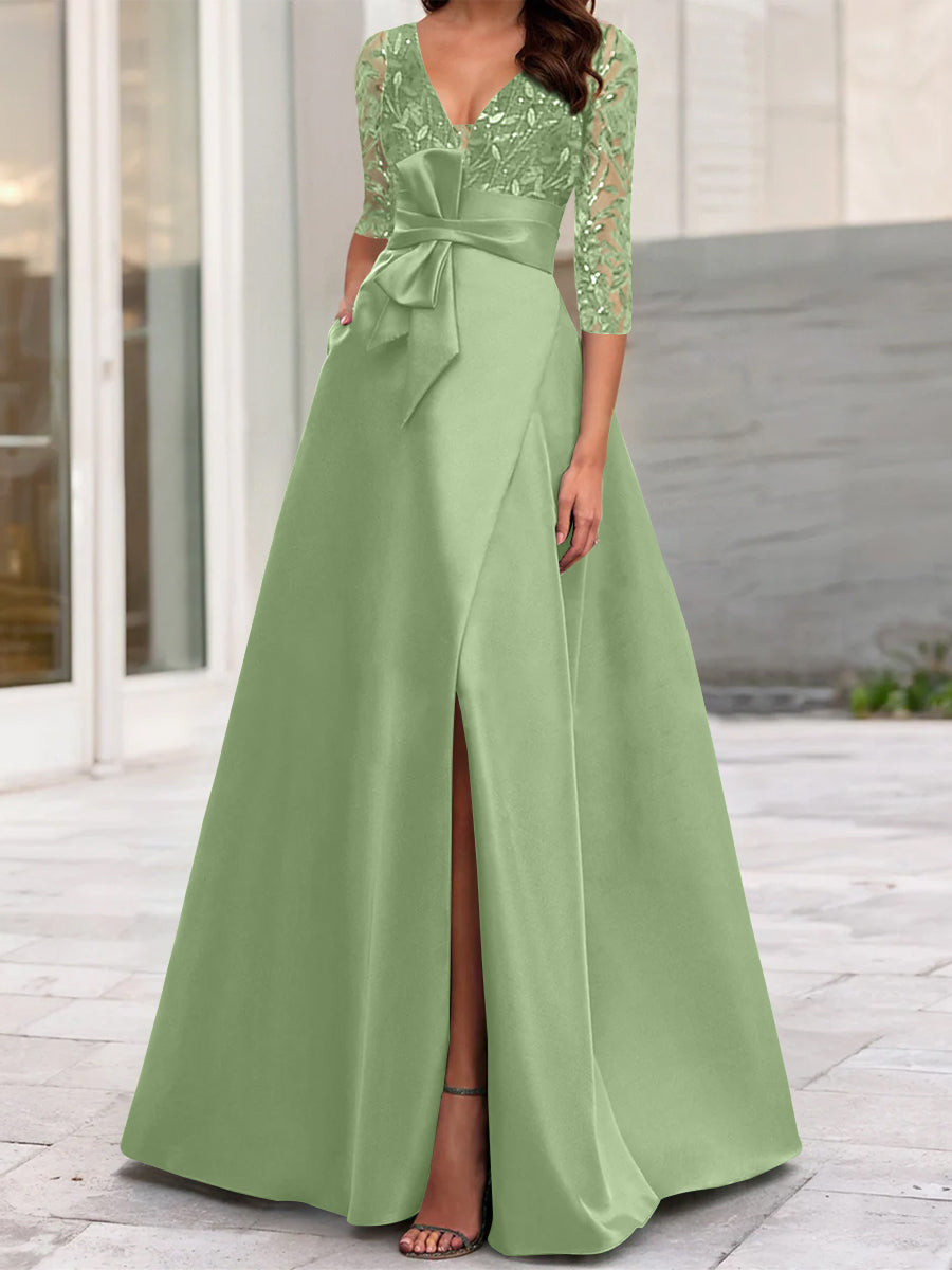A Line Princess V Neck Floor Length Mother Of The Bride Dresses With Split Side Ruffles Sequins Bow S