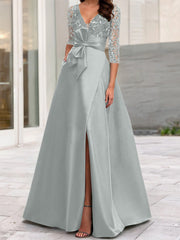 A Line Princess V Neck Floor Length Mother Of The Bride Dresses With Split Side Ruffles Sequins Bow S