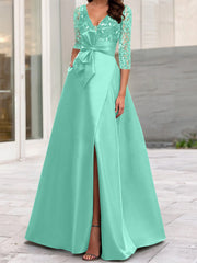 A Line Princess V Neck Floor Length Mother Of The Bride Dresses With Split Side Ruffles Sequins Bow S