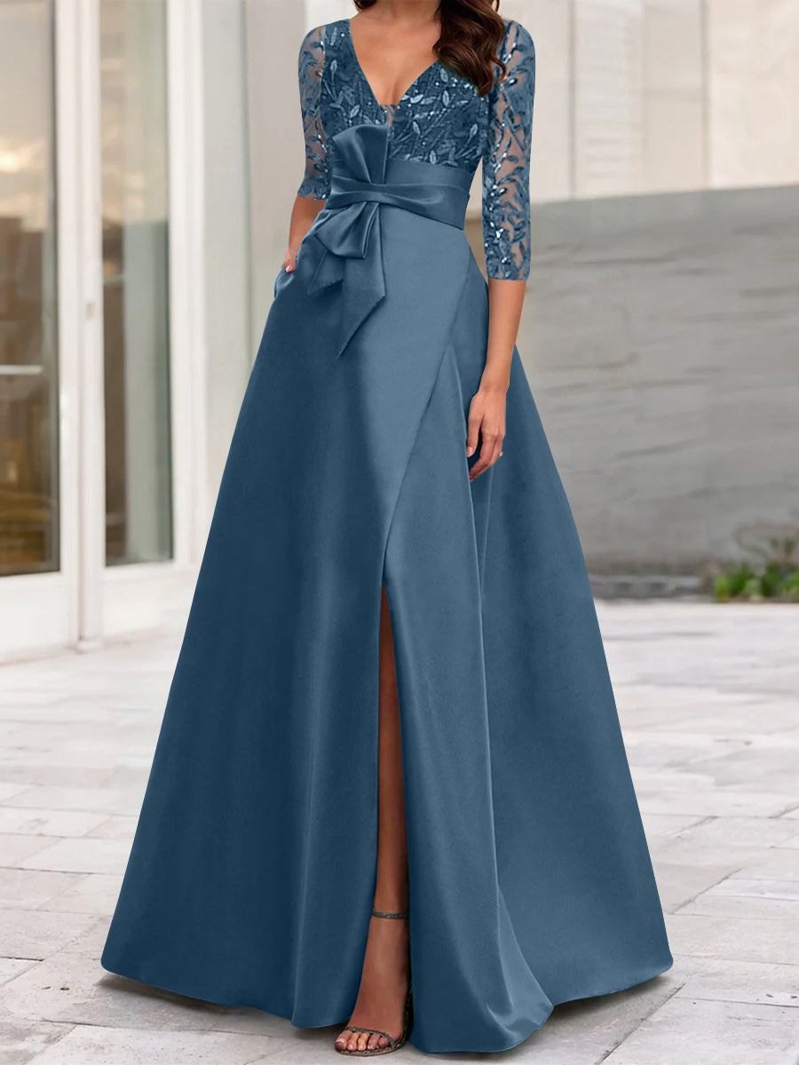 A Line Princess V Neck Floor Length Mother Of The Bride Dresses With Split Side Ruffles Sequins Bow S