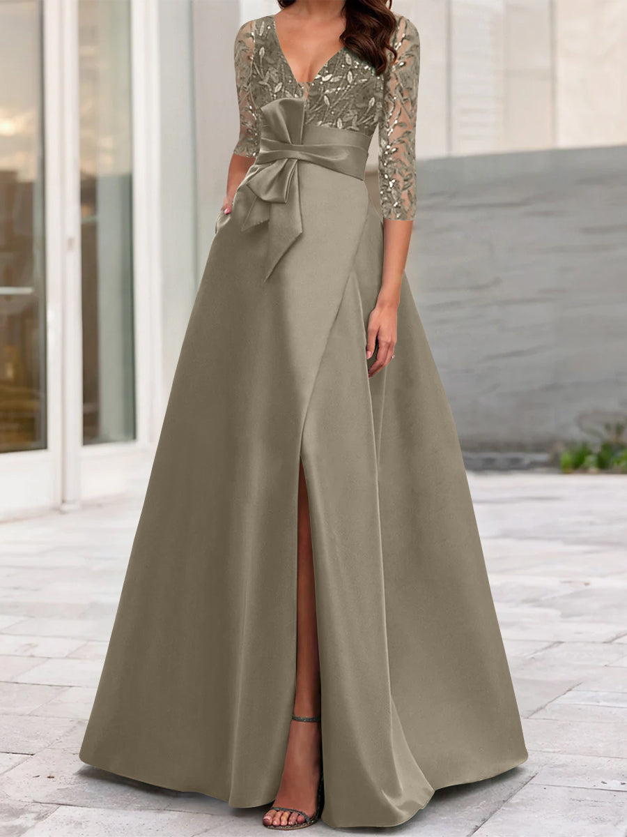 A Line Princess V Neck Floor Length Mother Of The Bride Dresses With Split Side Ruffles Sequins Bow S