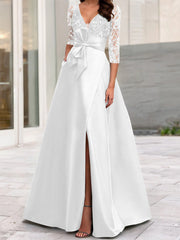 A Line Princess V Neck Floor Length Mother Of The Bride Dresses With Split Side Ruffles Sequins Bow S