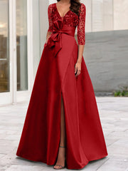 A Line Princess V Neck Floor Length Mother Of The Bride Dresses With Split Side Ruffles Sequins Bow S
