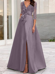 A Line Princess V Neck Floor Length Mother Of The Bride Dresses With Split Side Ruffles Sequins Bow S