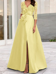 A-Line/Princess V-Neck Floor-Length Mother of the Bride Dresses with Split Side Ruffles Sequins Bow(s)