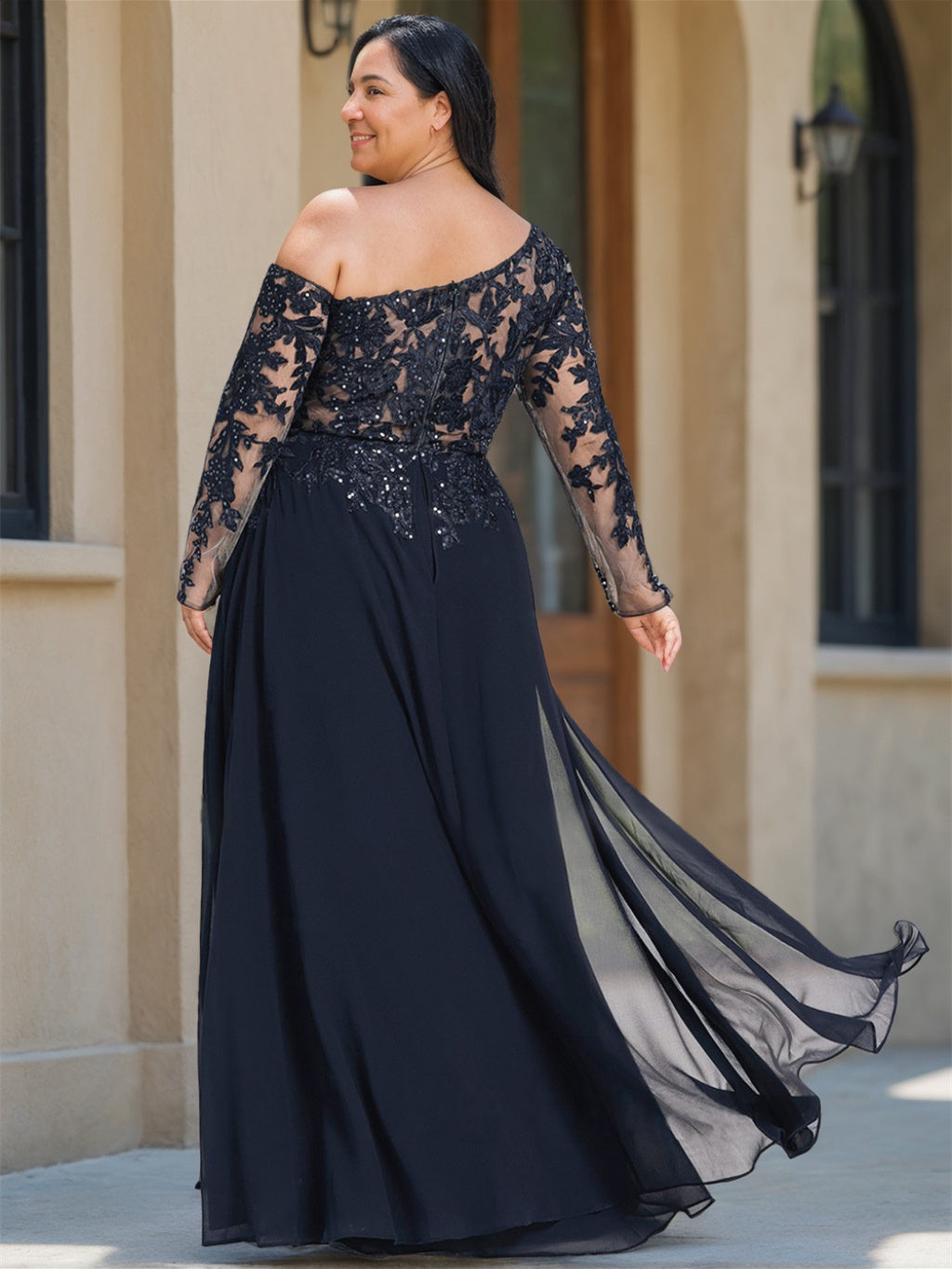 A Line Princess One Shoulder Long Sleeves Floor Length Plus Size Mother Of The Bride Dresses With High Split
