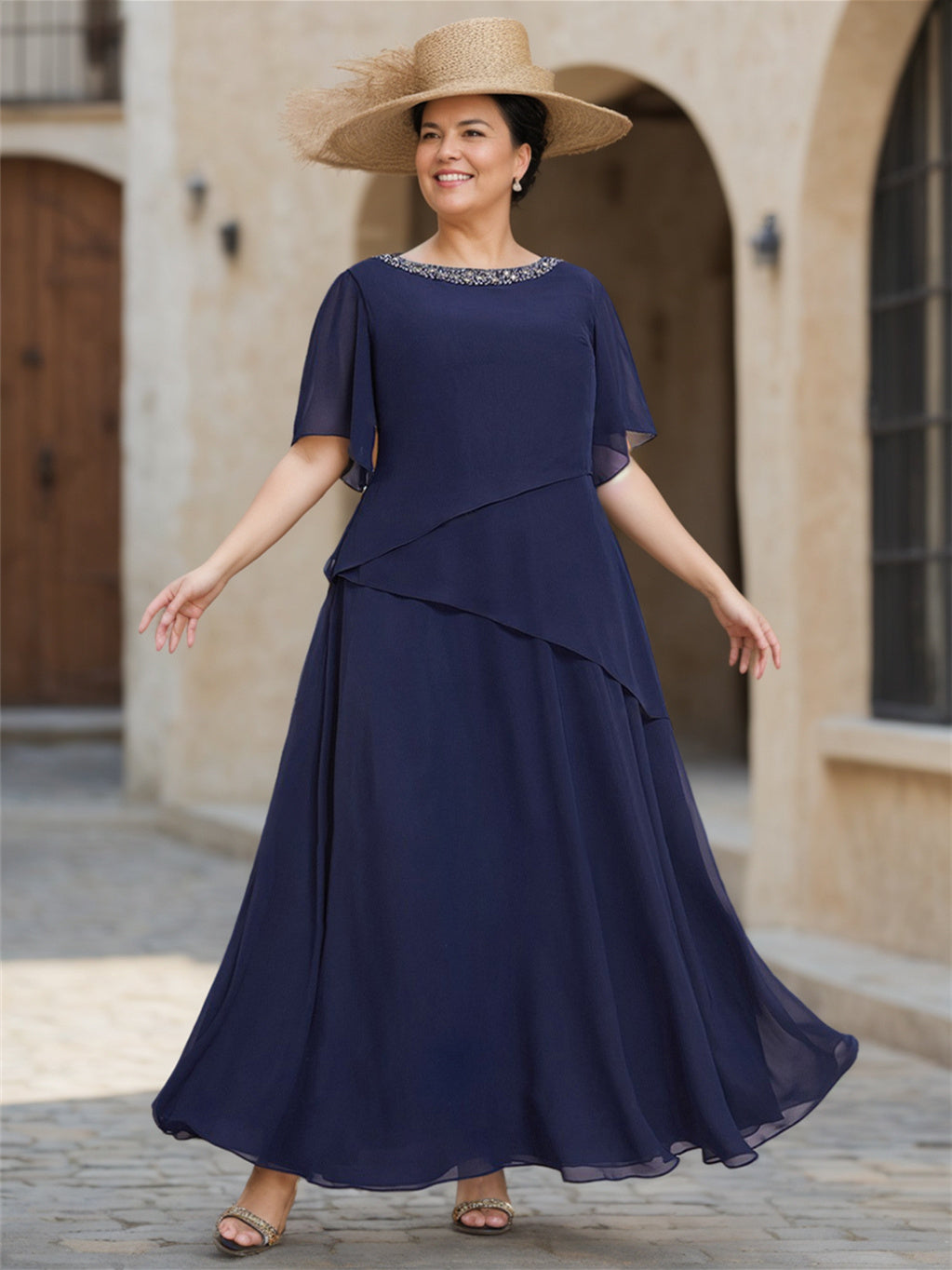 A Line Princess Chiffon Ankle Length 1 2 Sleeves Scoop Mother Of The Bride Dresses