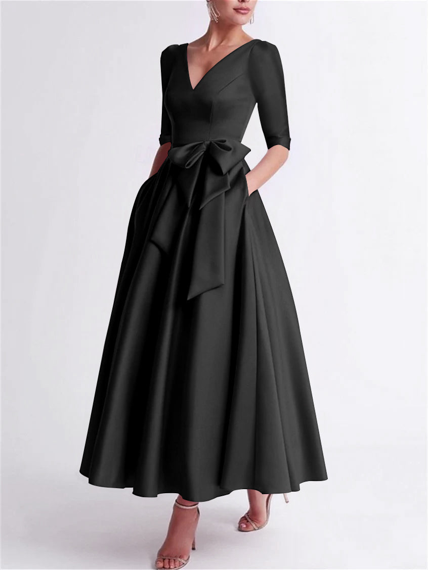 A Line Princess V Neck 3 4 Length Sleeve Tea Length Satin Mother Of The Bride Dresses With Bow S