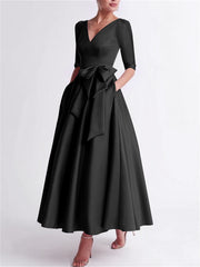 A Line Princess V Neck 3 4 Length Sleeve Tea Length Satin Mother Of The Bride Dresses With Bow S