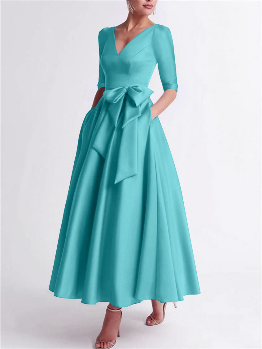 A Line Princess V Neck 3 4 Length Sleeve Tea Length Satin Mother Of The Bride Dresses With Bow S