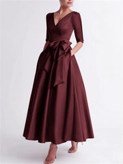 A Line Princess V Neck 3 4 Length Sleeve Tea Length Satin Mother Of The Bride Dresses With Bow S