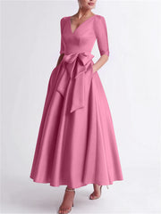 A Line Princess V Neck 3 4 Length Sleeve Tea Length Satin Mother Of The Bride Dresses With Bow S