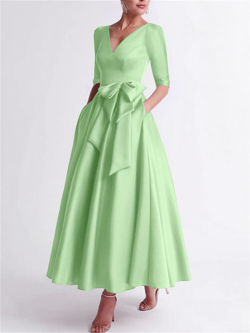 A Line Princess V Neck 3 4 Length Sleeve Tea Length Satin Mother Of The Bride Dresses With Bow S