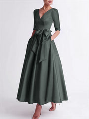 A Line Princess V Neck 3 4 Length Sleeve Tea Length Satin Mother Of The Bride Dresses With Bow S