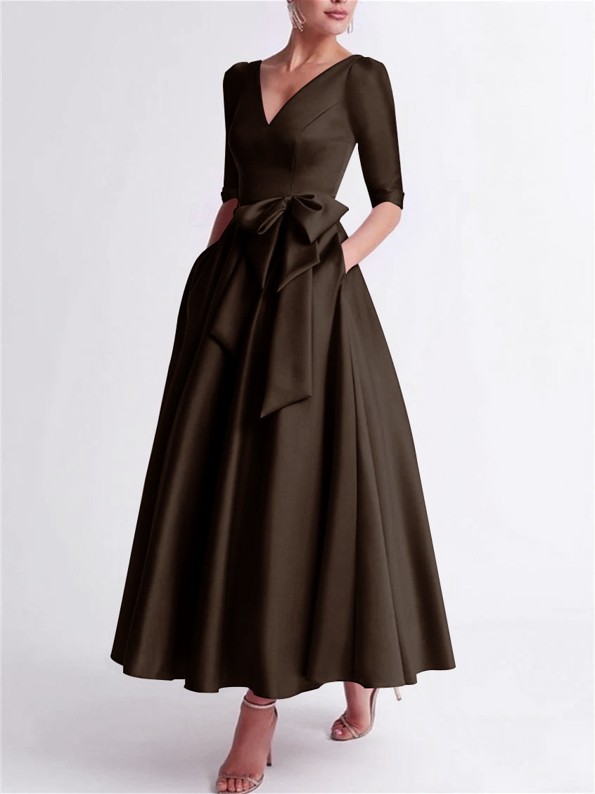 A Line Princess V Neck 3 4 Length Sleeve Tea Length Satin Mother Of The Bride Dresses With Bow S