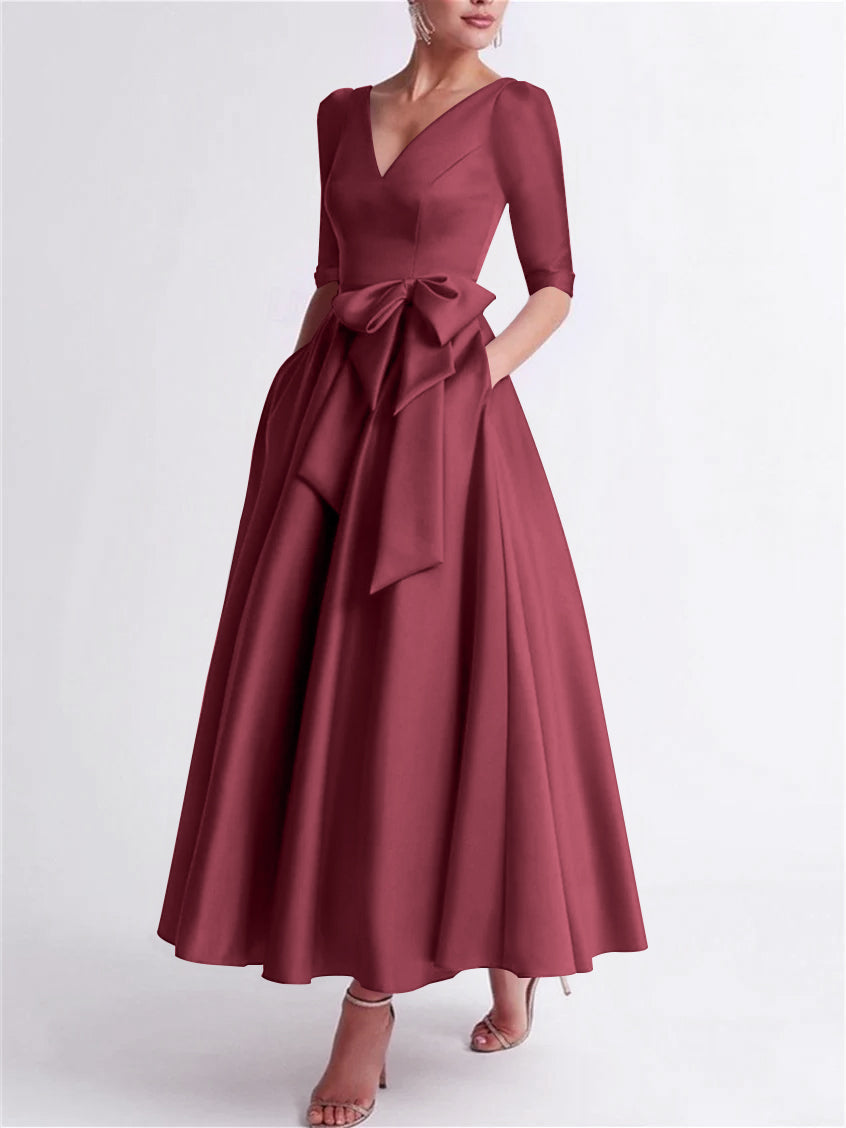 A Line Princess V Neck 3 4 Length Sleeve Tea Length Satin Mother Of The Bride Dresses With Bow S