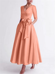 A Line Princess V Neck 3 4 Length Sleeve Tea Length Satin Mother Of The Bride Dresses With Bow S