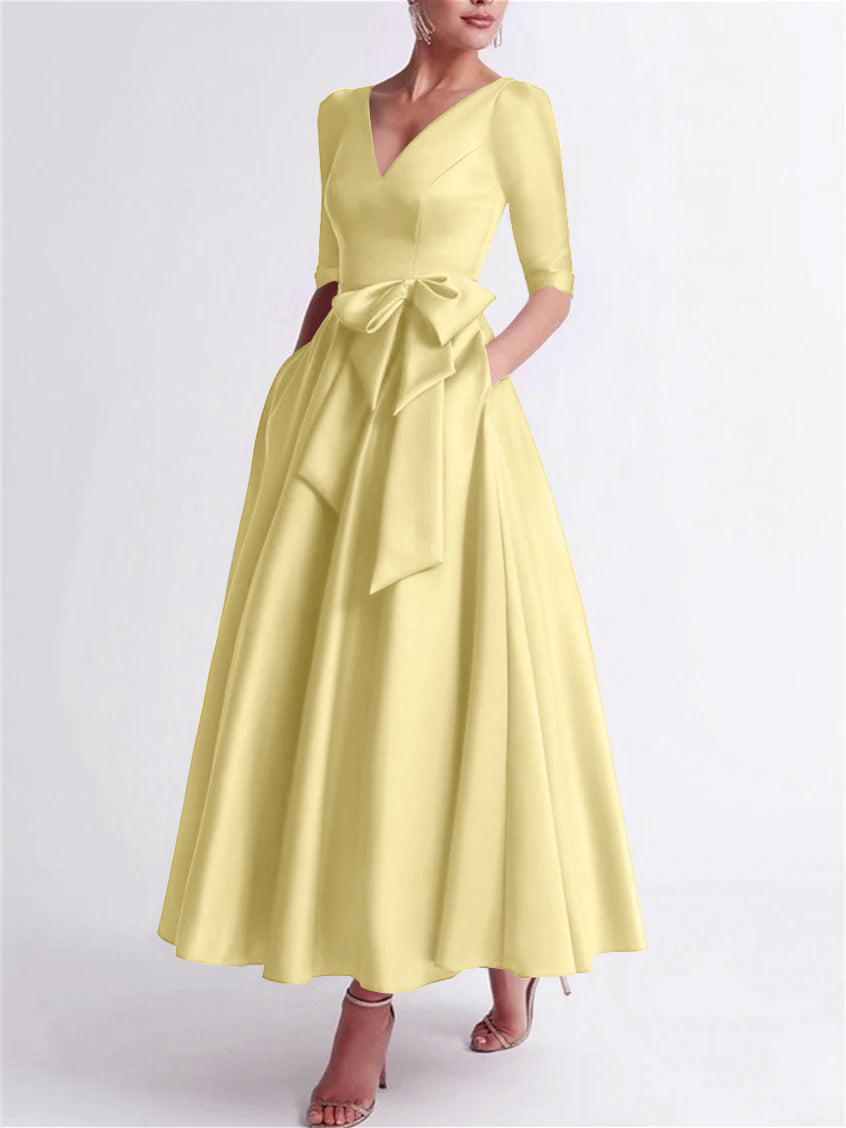 A Line Princess V Neck 3 4 Length Sleeve Tea Length Satin Mother Of The Bride Dresses With Bow S