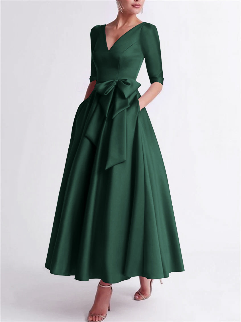 A Line Princess V Neck 3 4 Length Sleeve Tea Length Satin Mother Of The Bride Dresses With Bow S