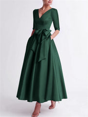 A Line Princess V Neck 3 4 Length Sleeve Tea Length Satin Mother Of The Bride Dresses With Bow S