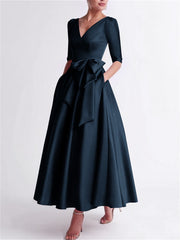 A Line Princess V Neck 3 4 Length Sleeve Tea Length Satin Mother Of The Bride Dresses With Bow S