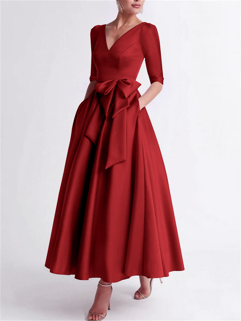 A Line Princess V Neck 3 4 Length Sleeve Tea Length Satin Mother Of The Bride Dresses With Bow S