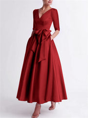 A Line Princess V Neck 3 4 Length Sleeve Tea Length Satin Mother Of The Bride Dresses With Bow S