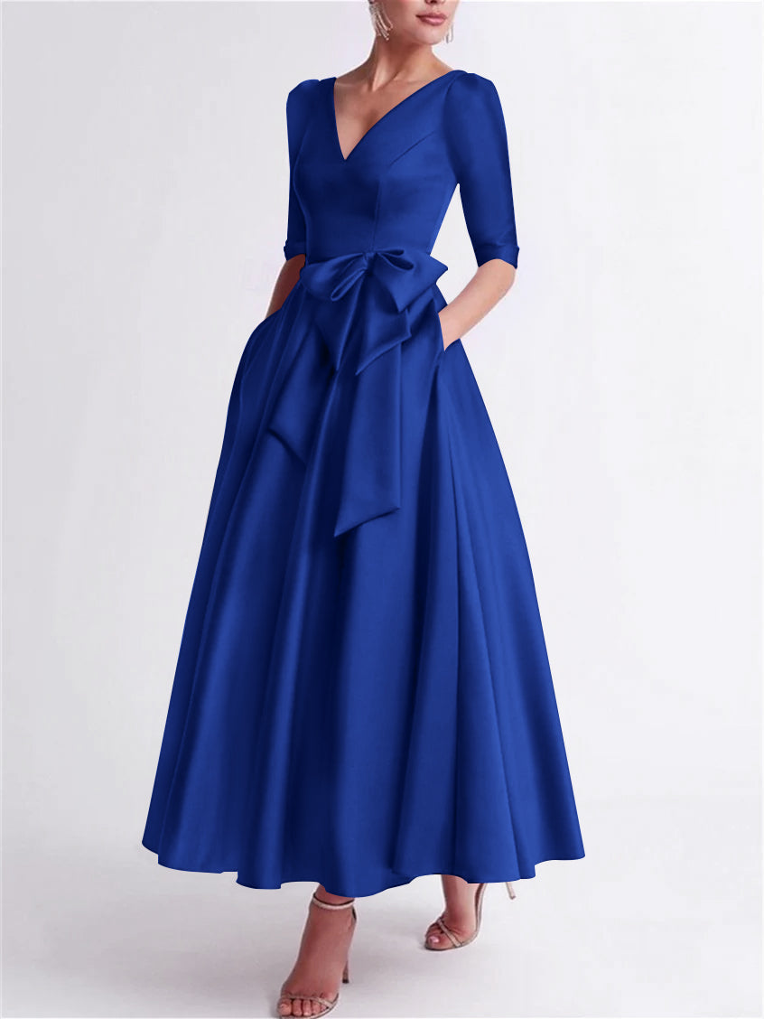 A Line Princess V Neck 3 4 Length Sleeve Tea Length Satin Mother Of The Bride Dresses With Bow S