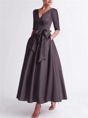 A Line Princess V Neck 3 4 Length Sleeve Tea Length Satin Mother Of The Bride Dresses With Bow S