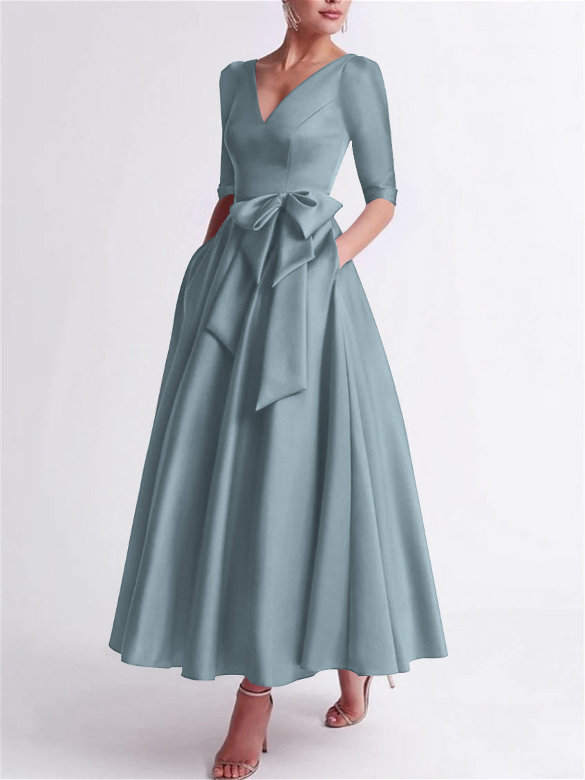 A Line Princess V Neck 3 4 Length Sleeve Tea Length Satin Mother Of The Bride Dresses With Bow S