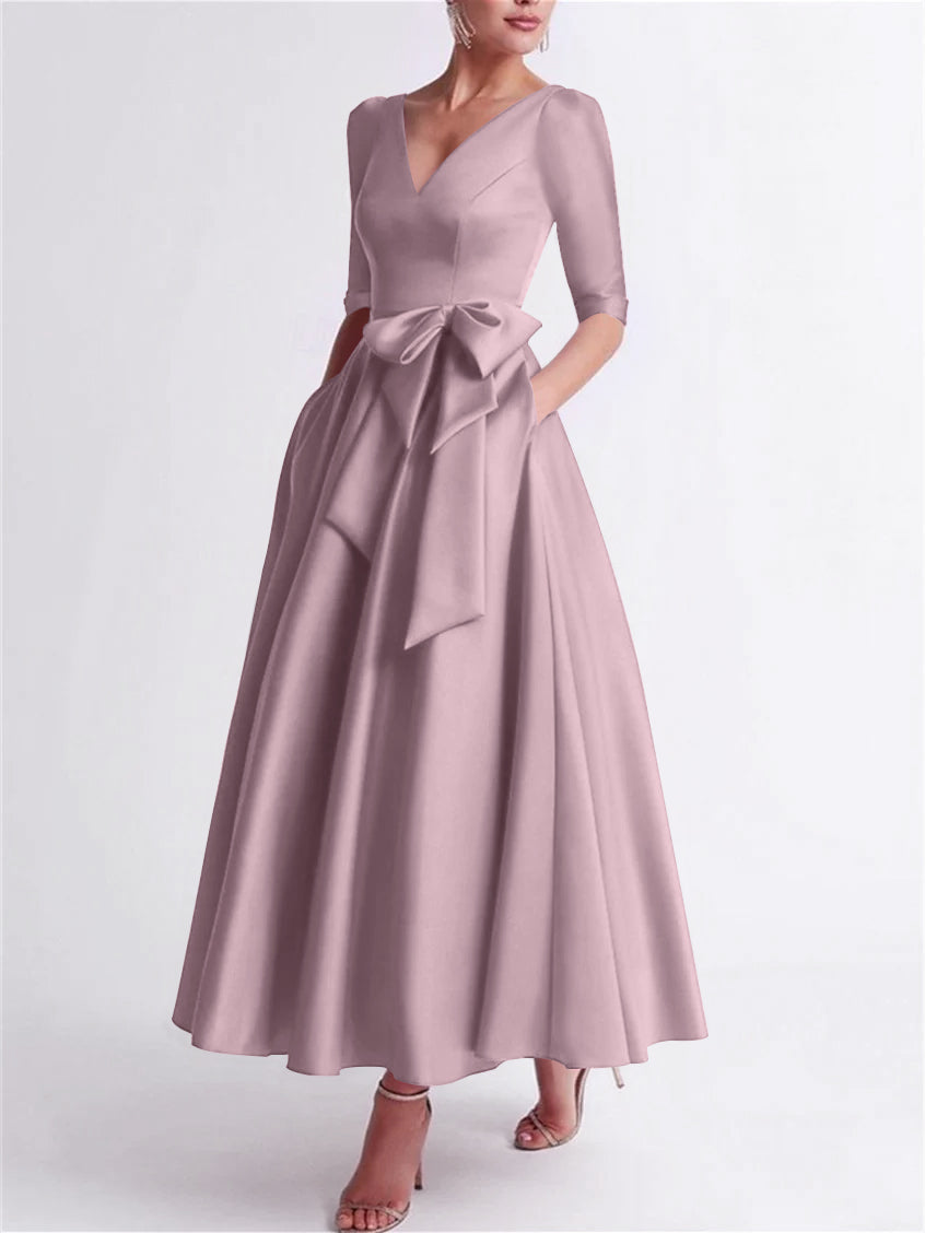 A Line Princess V Neck 3 4 Length Sleeve Tea Length Satin Mother Of The Bride Dresses With Bow S