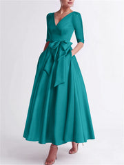 A Line Princess V Neck 3 4 Length Sleeve Tea Length Satin Mother Of The Bride Dresses With Bow S