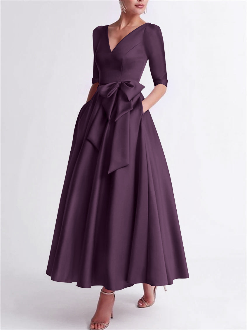A Line Princess V Neck 3 4 Length Sleeve Tea Length Satin Mother Of The Bride Dresses With Bow S