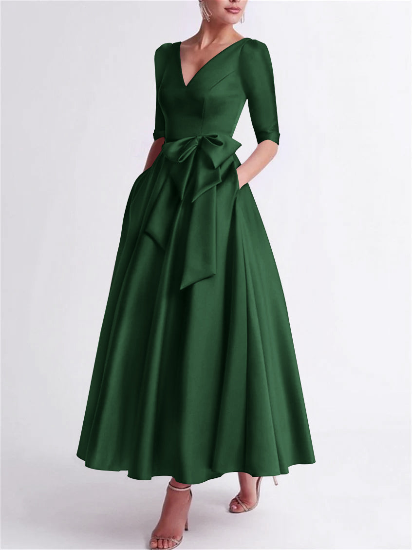 A Line Princess V Neck 3 4 Length Sleeve Tea Length Satin Mother Of The Bride Dresses With Bow S