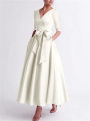 A Line Princess V Neck 3 4 Length Sleeve Tea Length Satin Mother Of The Bride Dresses With Bow S