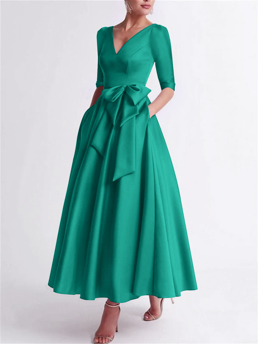 A Line Princess V Neck 3 4 Length Sleeve Tea Length Satin Mother Of The Bride Dresses With Bow S