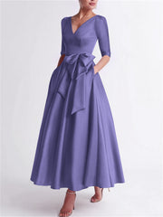 A Line Princess V Neck 3 4 Length Sleeve Tea Length Satin Mother Of The Bride Dresses With Bow S
