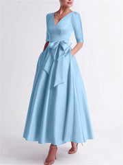A Line Princess V Neck 3 4 Length Sleeve Tea Length Satin Mother Of The Bride Dresses With Bow S