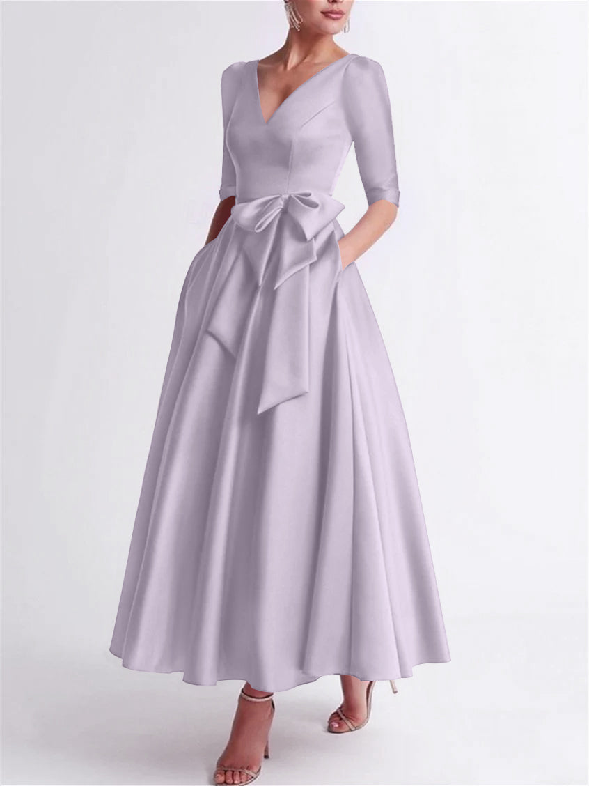A Line Princess V Neck 3 4 Length Sleeve Tea Length Satin Mother Of The Bride Dresses With Bow S