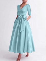 A Line Princess V Neck 3 4 Length Sleeve Tea Length Satin Mother Of The Bride Dresses With Bow S