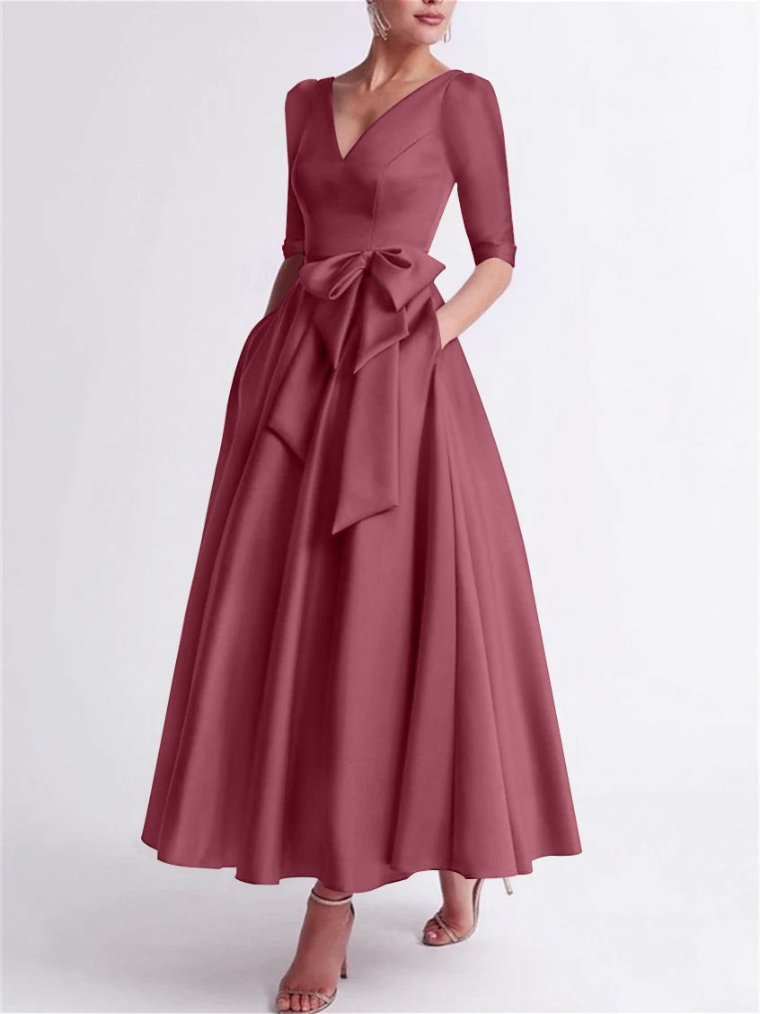 A Line Princess V Neck 3 4 Length Sleeve Tea Length Satin Mother Of The Bride Dresses With Bow S