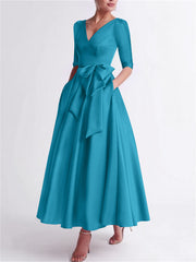 A Line Princess V Neck 3 4 Length Sleeve Tea Length Satin Mother Of The Bride Dresses With Bow S
