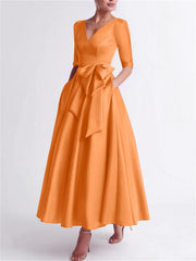 A Line Princess V Neck 3 4 Length Sleeve Tea Length Satin Mother Of The Bride Dresses With Bow S