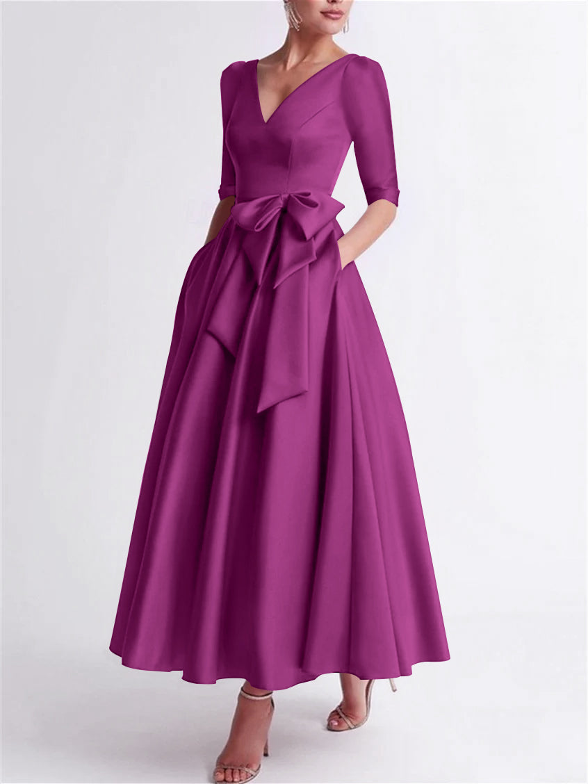 A Line Princess V Neck 3 4 Length Sleeve Tea Length Satin Mother Of The Bride Dresses With Bow S