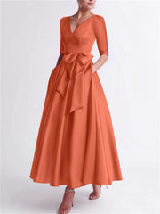 A Line Princess V Neck 3 4 Length Sleeve Tea Length Satin Mother Of The Bride Dresses With Bow S