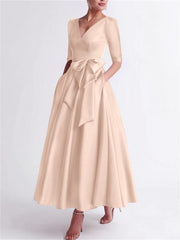A Line Princess V Neck 3 4 Length Sleeve Tea Length Satin Mother Of The Bride Dresses With Bow S