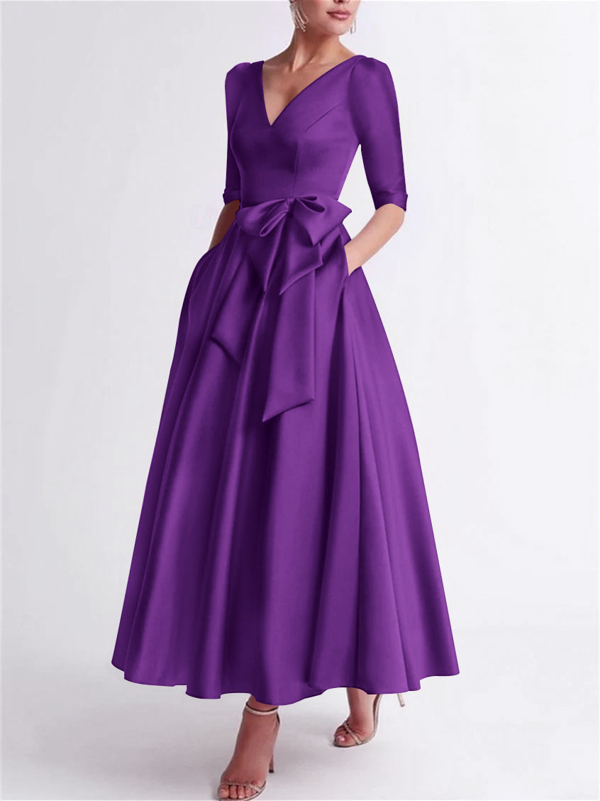 A Line Princess V Neck 3 4 Length Sleeve Tea Length Satin Mother Of The Bride Dresses With Bow S